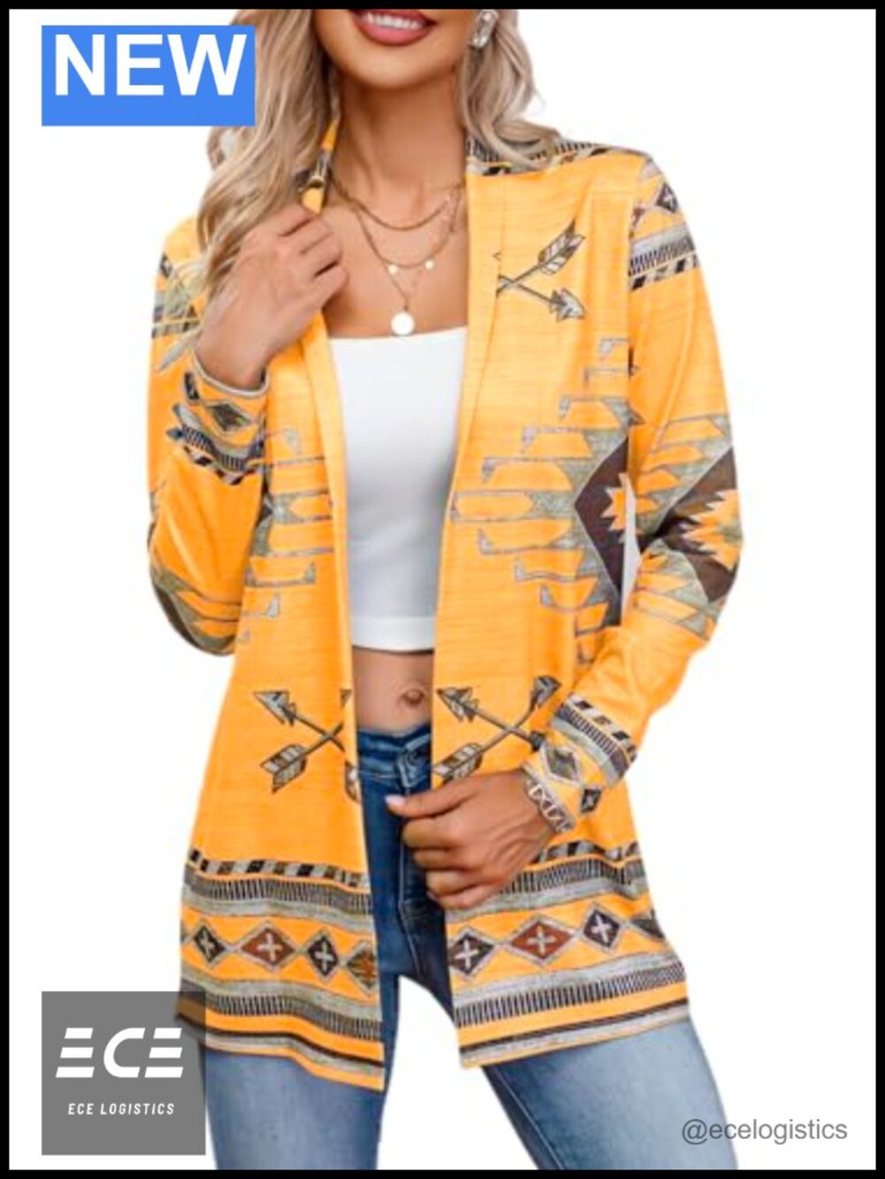 Womens Aztec Geometric Open Front Long Sleeve Shawl Collar Cardigan Sweater Coat